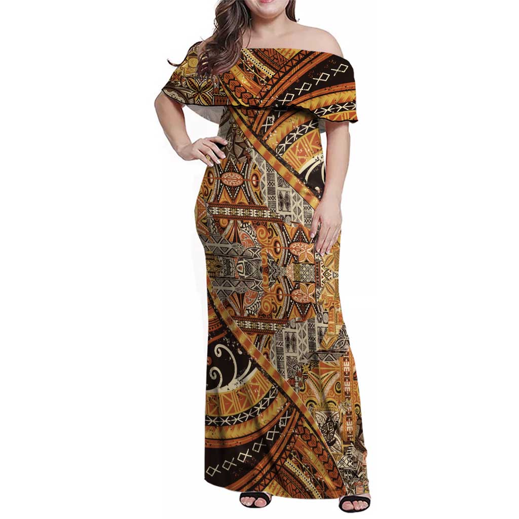Hawaiian Style Tapa Family Matching Off Shoulder Maxi Dress and Hawaiian Shirt Vintage Seamless Pattern LT9 Mom's Dress Red - Polynesian Pride