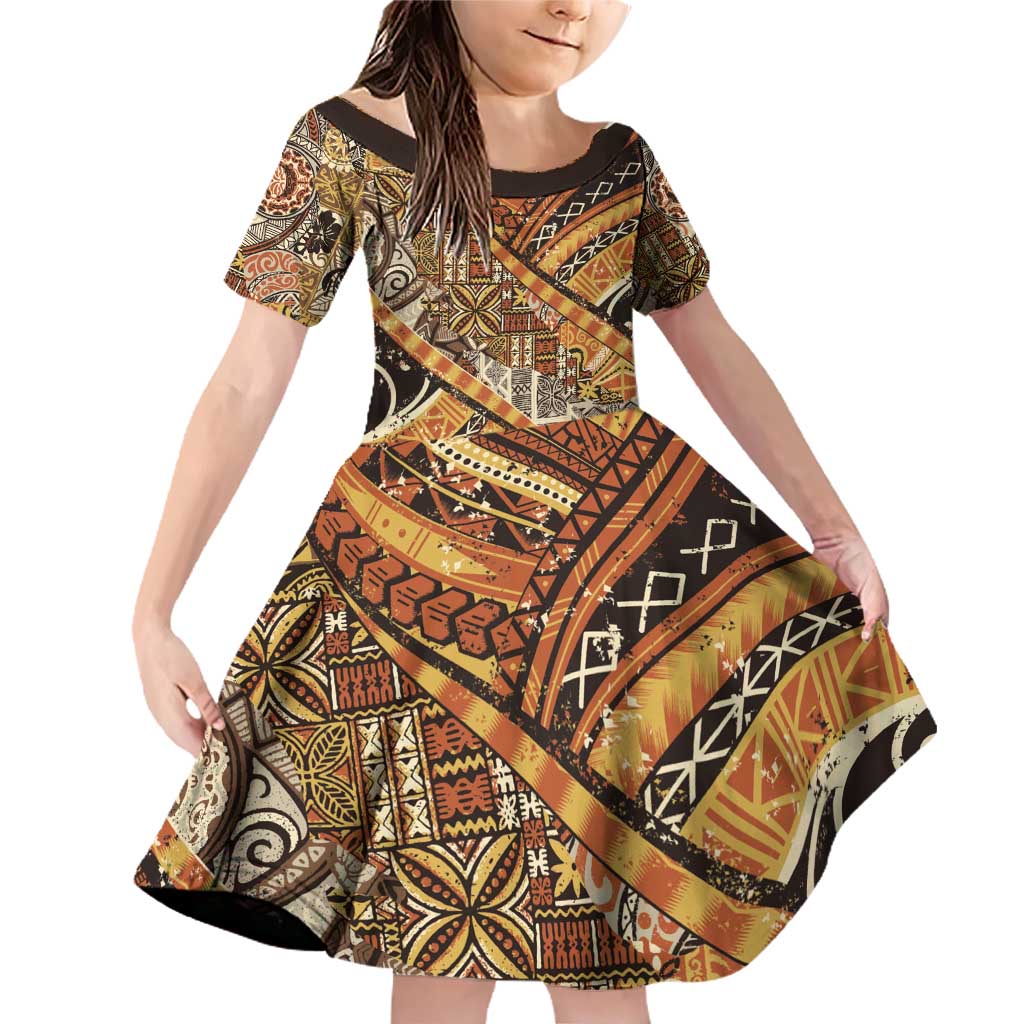 Hawaiian Style Tapa Family Matching Off Shoulder Short Dress and Hawaiian Shirt Vintage Seamless Pattern LT9 Daughter's Dress Red - Polynesian Pride
