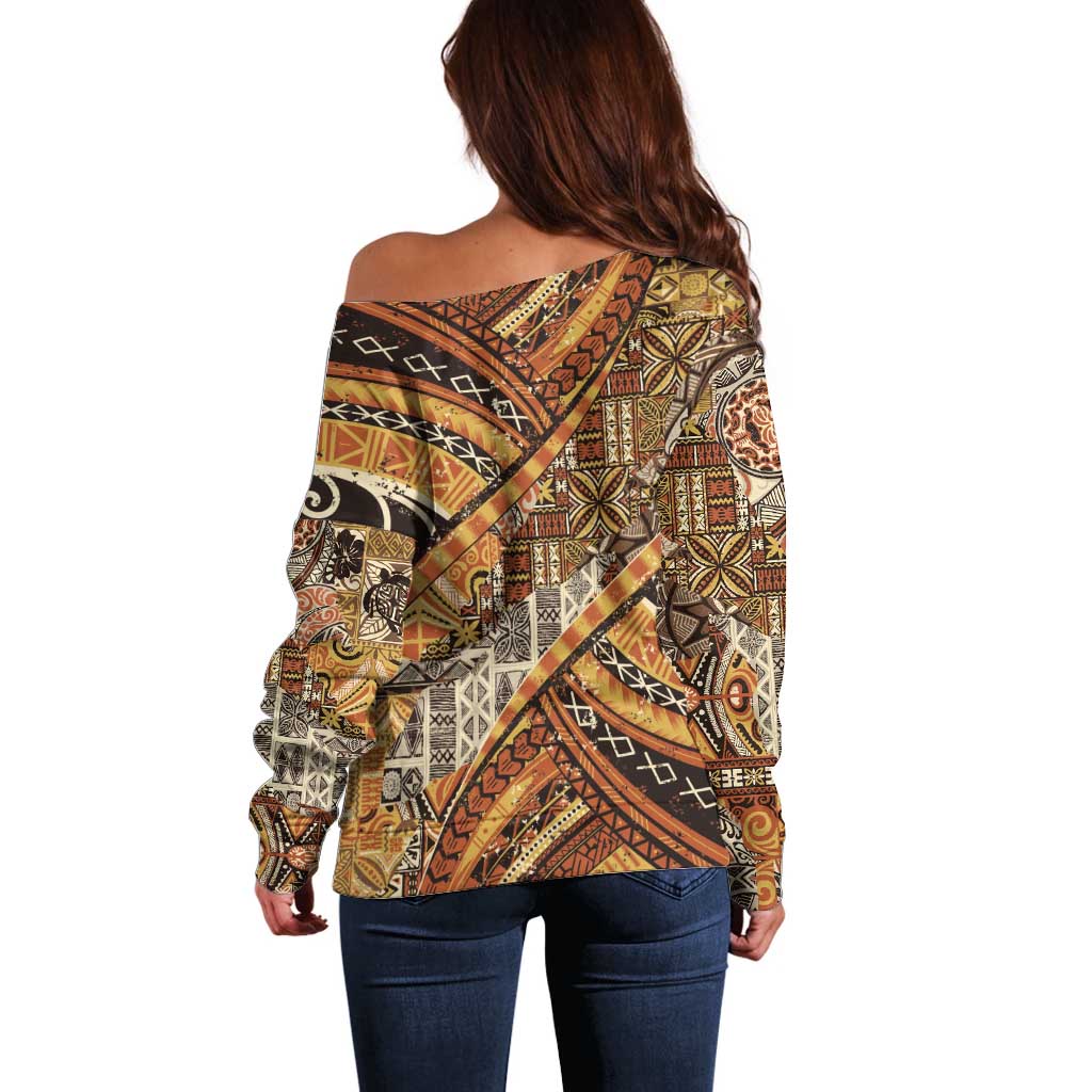 Hawaiian Style Tapa Off Shoulder Sweater Vintage Seamless Pattern - Polynesian Pride