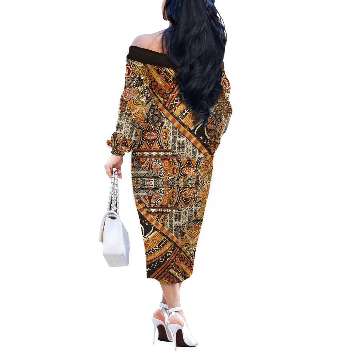 Hawaiian Style Tapa Off The Shoulder Long Sleeve Dress Vintage Seamless Pattern - Polynesian Pride
