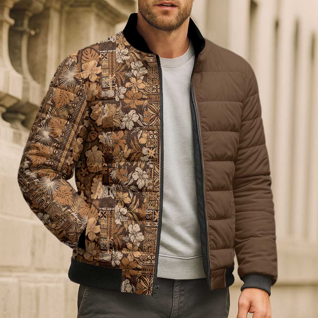 Hawaiian Tribal Elements Hibiscus Bomber Puffer Jacket Gold Pattern - Polynesian Pride