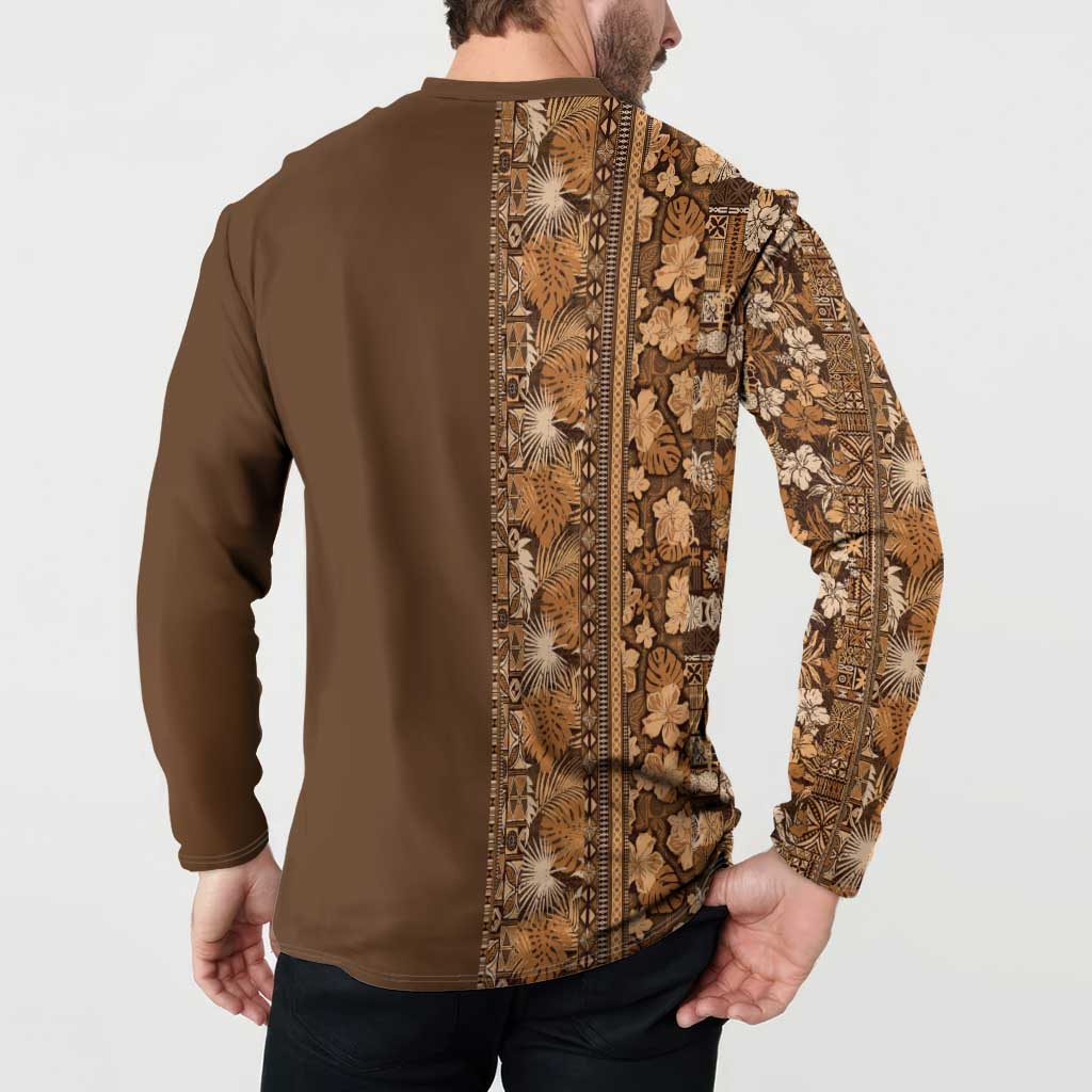 Hawaiian Tribal Elements Hibiscus Button Sweatshirt Gold Pattern - Polynesian Pride