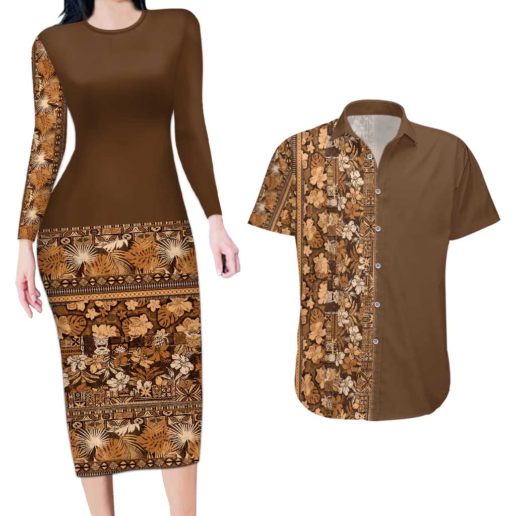 Hawaiian Tribal Elements Hibiscus Couples Matching Long Sleeve Bodycon Dress and Hawaiian Shirt Gold Pattern LT9 Gold - Polynesian Pride