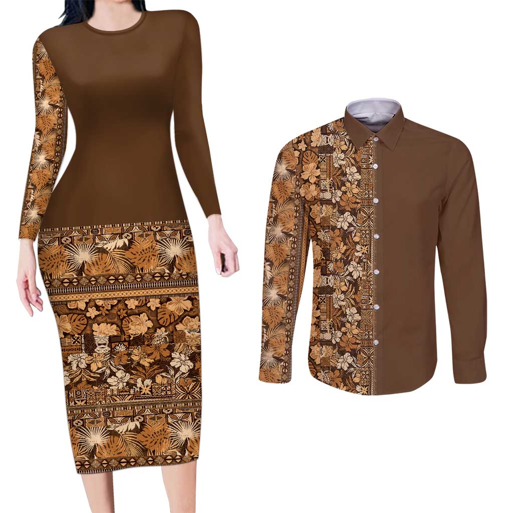 Hawaiian Tribal Elements Hibiscus Couples Matching Long Sleeve Bodycon Dress and Long Sleeve Button Shirt Gold Pattern LT9 Gold - Polynesian Pride
