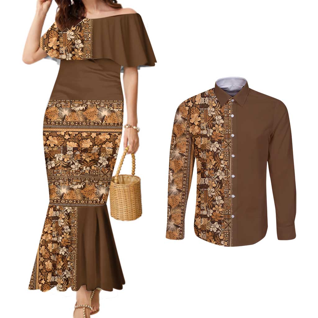 Hawaiian Tribal Elements Hibiscus Couples Matching Mermaid Dress and Long Sleeve Button Shirt Gold Pattern LT9 Gold - Polynesian Pride