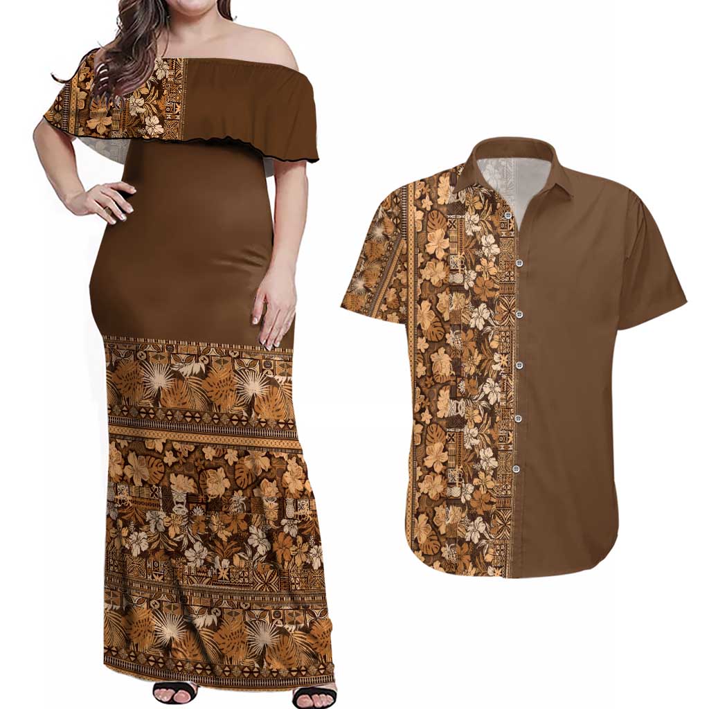 Hawaiian Tribal Elements Hibiscus Couples Matching Off Shoulder Maxi Dress and Hawaiian Shirt Gold Pattern LT9 Gold - Polynesian Pride