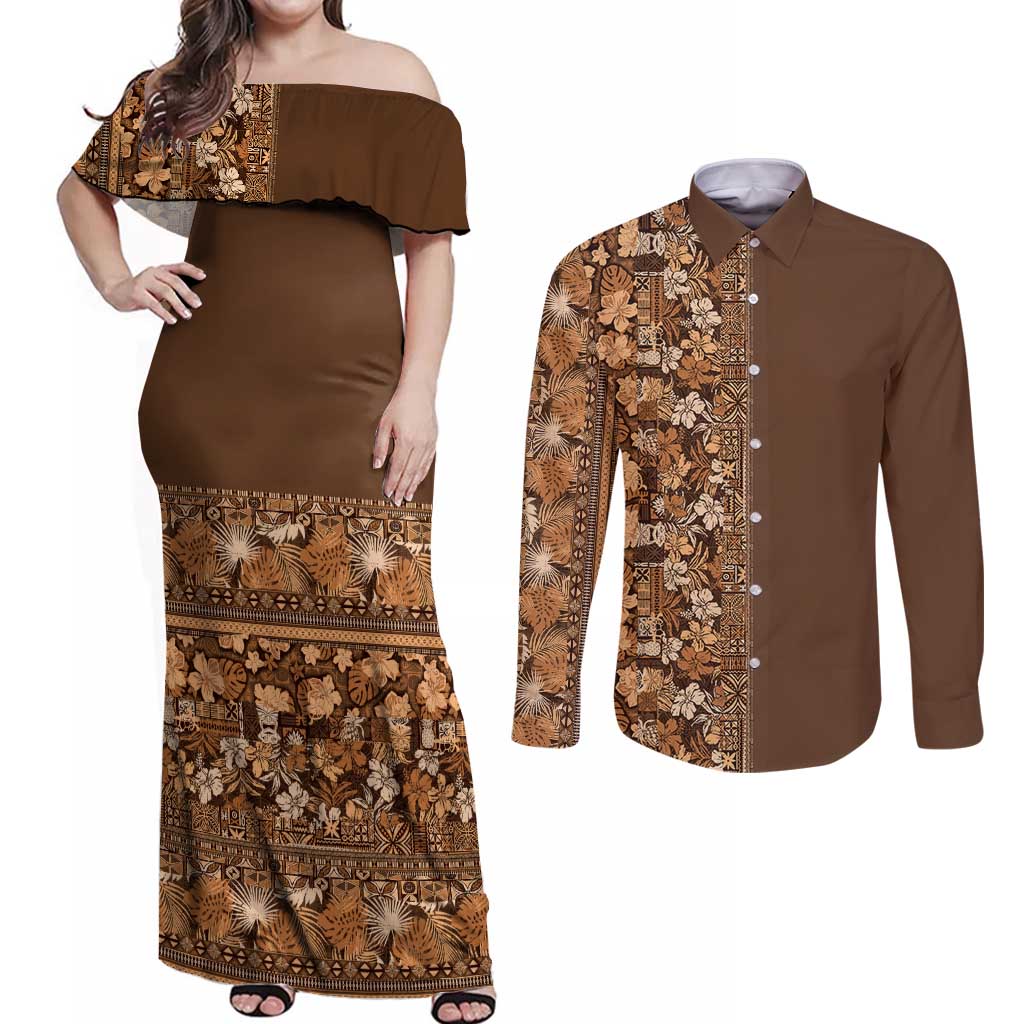 Hawaiian Tribal Elements Hibiscus Couples Matching Off Shoulder Maxi Dress and Long Sleeve Button Shirt Gold Pattern LT9 Gold - Polynesian Pride