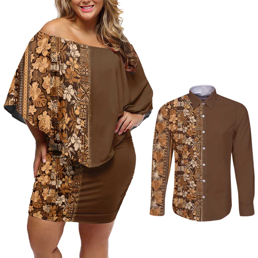 Hawaiian Tribal Elements Hibiscus Couples Matching Off Shoulder Short Dress and Long Sleeve Button Shirt Gold Pattern LT9 Gold - Polynesian Pride