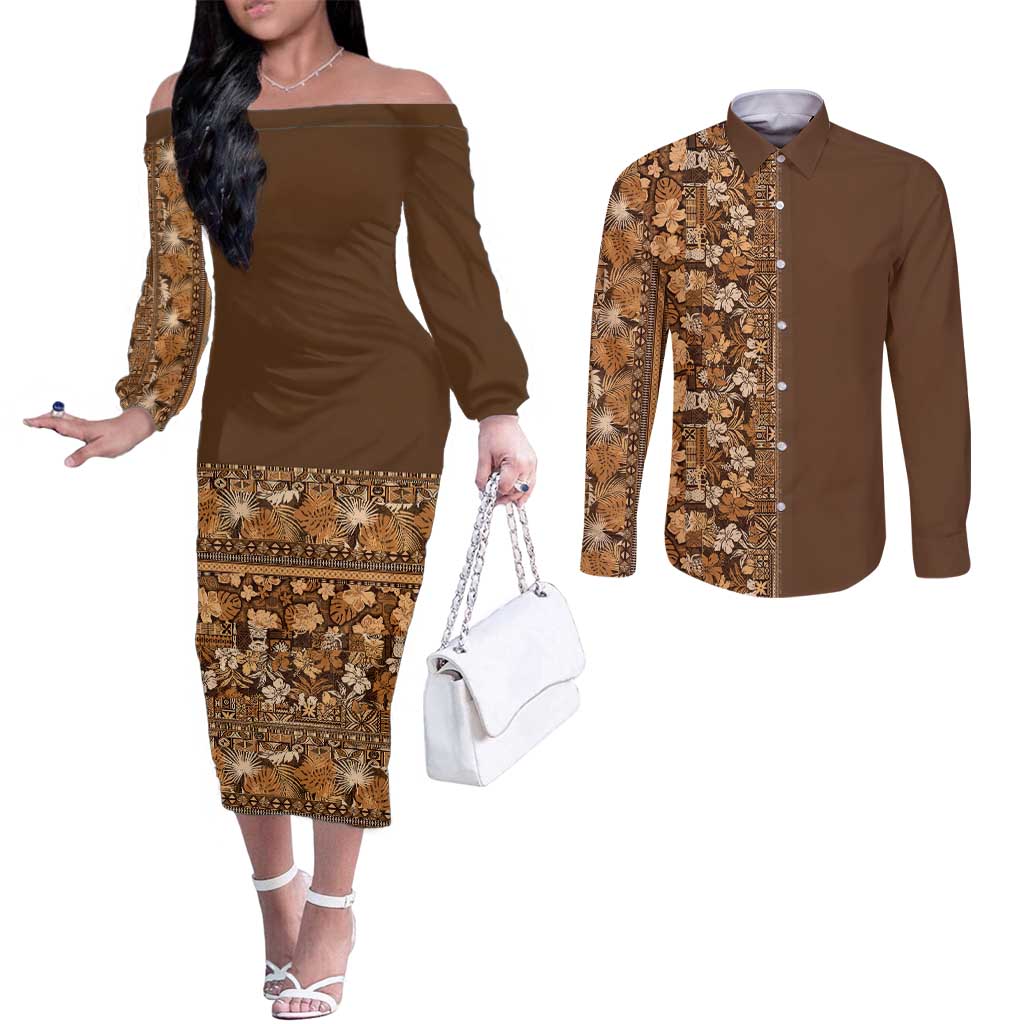 Hawaiian Tribal Elements Hibiscus Couples Matching Off The Shoulder Long Sleeve Dress and Long Sleeve Button Shirt Gold Pattern LT9 Gold - Polynesian Pride
