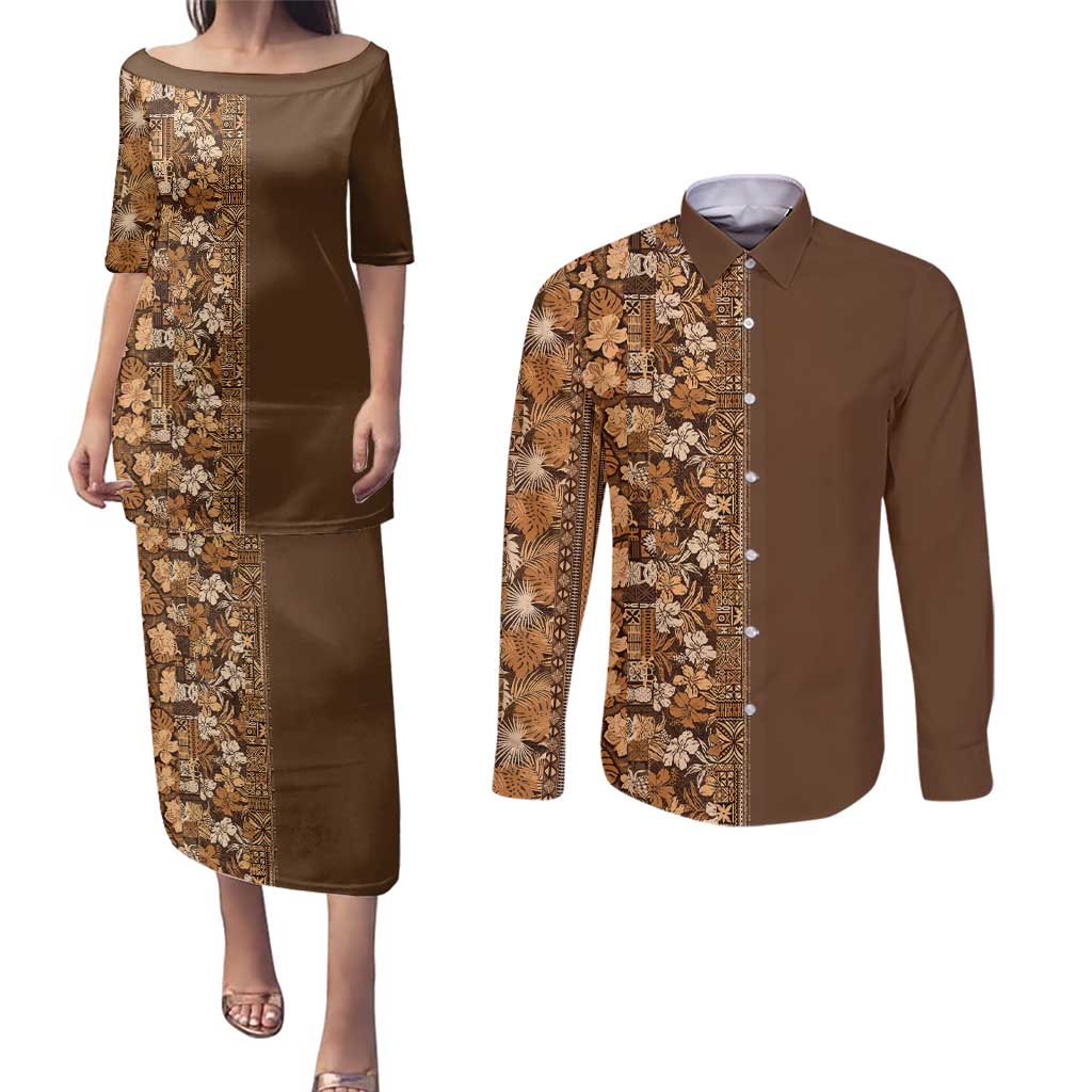 Hawaiian Tribal Elements Hibiscus Couples Matching Puletasi and Long Sleeve Button Shirt Gold Pattern LT9 Gold - Polynesian Pride