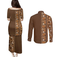 Hawaiian Tribal Elements Hibiscus Couples Matching Puletasi and Long Sleeve Button Shirt Gold Pattern LT9 - Polynesian Pride