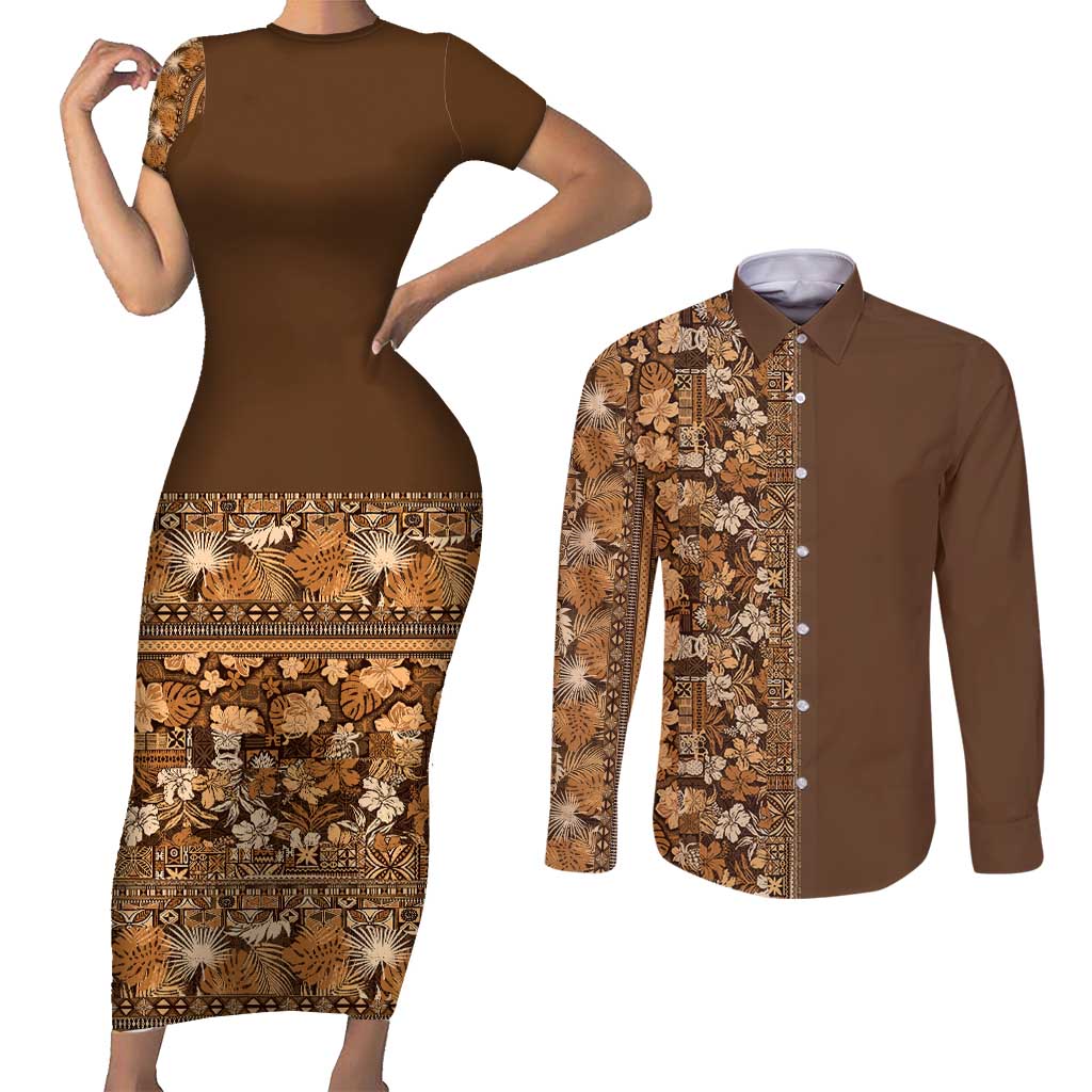 Hawaiian Tribal Elements Hibiscus Couples Matching Short Sleeve Bodycon Dress and Long Sleeve Button Shirt Gold Pattern LT9 Gold - Polynesian Pride