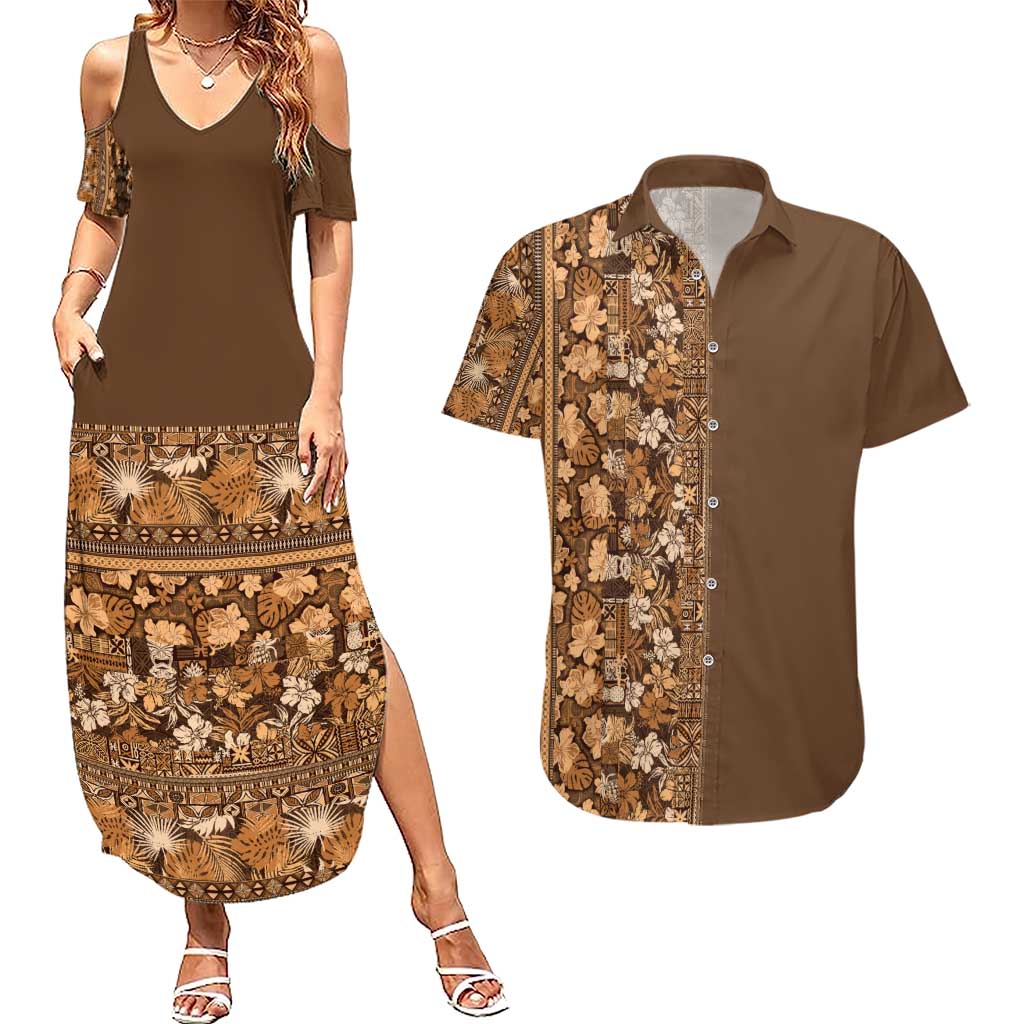 Hawaiian Tribal Elements Hibiscus Couples Matching Summer Maxi Dress and Hawaiian Shirt Gold Pattern LT9 Gold - Polynesian Pride