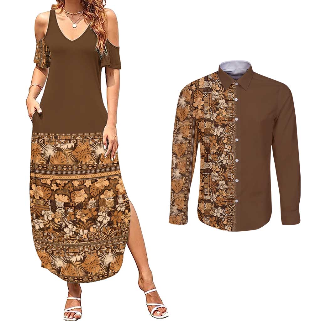Hawaiian Tribal Elements Hibiscus Couples Matching Summer Maxi Dress and Long Sleeve Button Shirt Gold Pattern LT9 Gold - Polynesian Pride