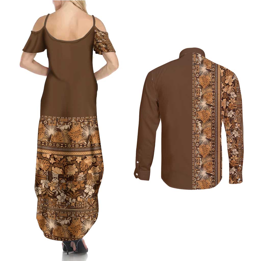 Hawaiian Tribal Elements Hibiscus Couples Matching Summer Maxi Dress and Long Sleeve Button Shirt Gold Pattern - Polynesian Pride