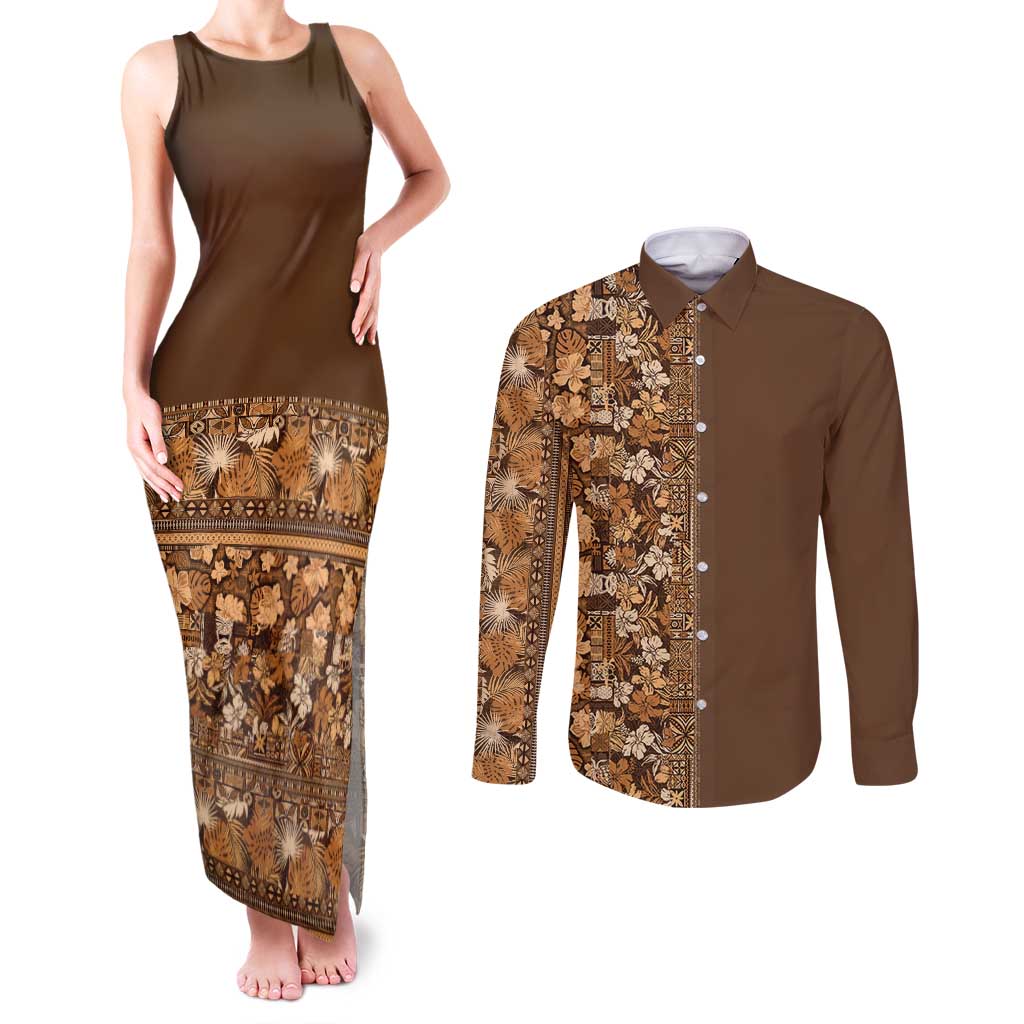 Hawaiian Tribal Elements Hibiscus Couples Matching Tank Maxi Dress and Long Sleeve Button Shirt Gold Pattern LT9 Gold - Polynesian Pride