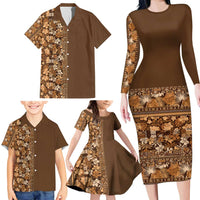 Hawaiian Tribal Elements Hibiscus Family Matching Long Sleeve Bodycon Dress and Hawaiian Shirt Gold Pattern LT9 - Polynesian Pride