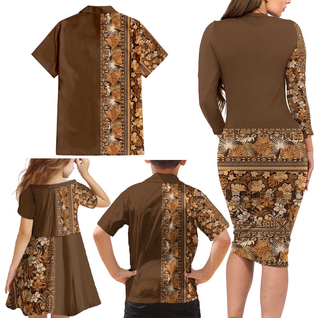 Hawaiian Tribal Elements Hibiscus Family Matching Long Sleeve Bodycon Dress and Hawaiian Shirt Gold Pattern LT9 - Polynesian Pride