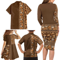 Hawaiian Tribal Elements Hibiscus Family Matching Long Sleeve Bodycon Dress and Hawaiian Shirt Gold Pattern LT9 - Polynesian Pride