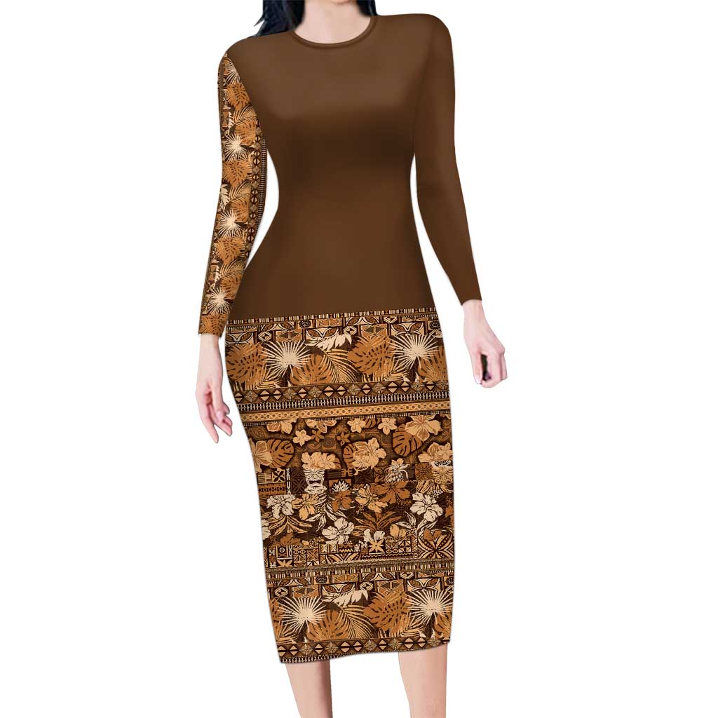 Hawaiian Tribal Elements Hibiscus Family Matching Long Sleeve Bodycon Dress and Hawaiian Shirt Gold Pattern LT9 Mom's Dress Gold - Polynesian Pride