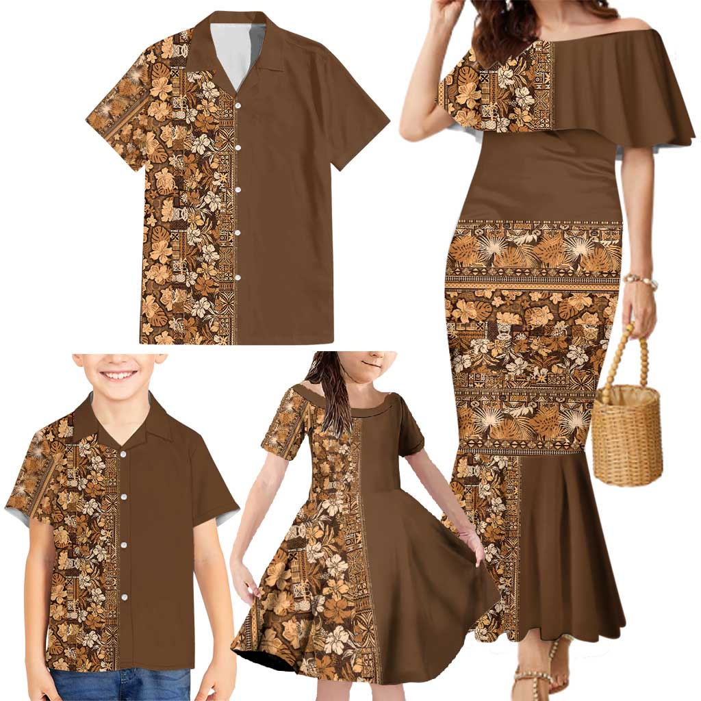 Hawaiian Tribal Elements Hibiscus Family Matching Mermaid Dress and Hawaiian Shirt Gold Pattern LT9 - Polynesian Pride