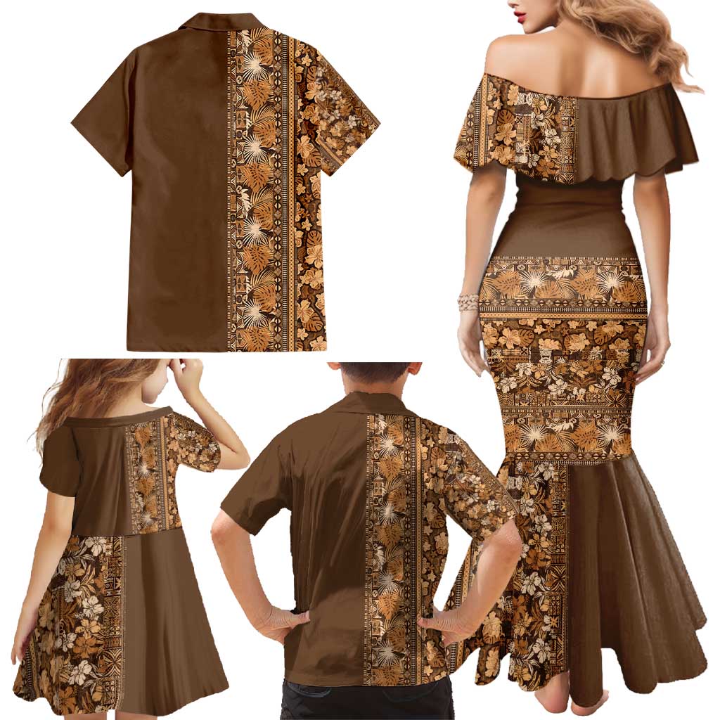 Hawaiian Tribal Elements Hibiscus Family Matching Mermaid Dress and Hawaiian Shirt Gold Pattern LT9 - Polynesian Pride