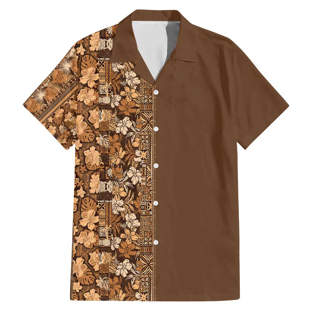 Hawaiian Tribal Elements Hibiscus Family Matching Mermaid Dress and Hawaiian Shirt Gold Pattern LT9 Dad's Shirt - Short Sleeve Gold - Polynesian Pride