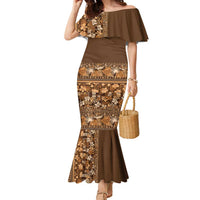 Hawaiian Tribal Elements Hibiscus Family Matching Mermaid Dress and Hawaiian Shirt Gold Pattern LT9 Mom's Dress Gold - Polynesian Pride