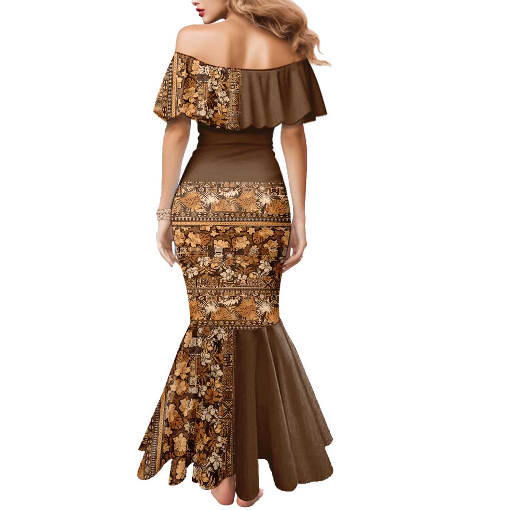 Hawaiian Tribal Elements Hibiscus Family Matching Mermaid Dress and Hawaiian Shirt Gold Pattern LT9 - Polynesian Pride