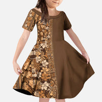 Hawaiian Tribal Elements Hibiscus Family Matching Off The Shoulder Long Sleeve Dress and Hawaiian Shirt Gold Pattern LT9 Daughter's Dress Gold - Polynesian Pride
