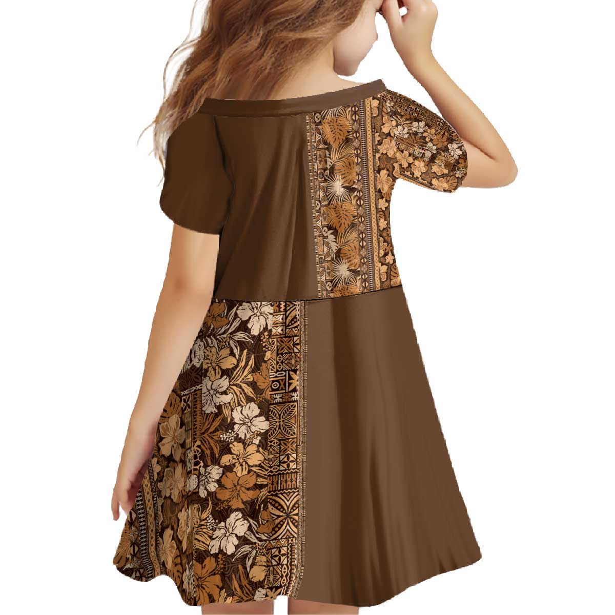 Hawaiian Tribal Elements Hibiscus Family Matching Off The Shoulder Long Sleeve Dress and Hawaiian Shirt Gold Pattern LT9 - Polynesian Pride