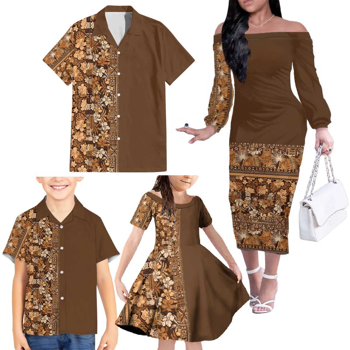 Hawaiian Tribal Elements Hibiscus Family Matching Off The Shoulder Long Sleeve Dress and Hawaiian Shirt Gold Pattern LT9 - Polynesian Pride