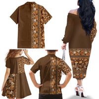 Hawaiian Tribal Elements Hibiscus Family Matching Off The Shoulder Long Sleeve Dress and Hawaiian Shirt Gold Pattern LT9 - Polynesian Pride