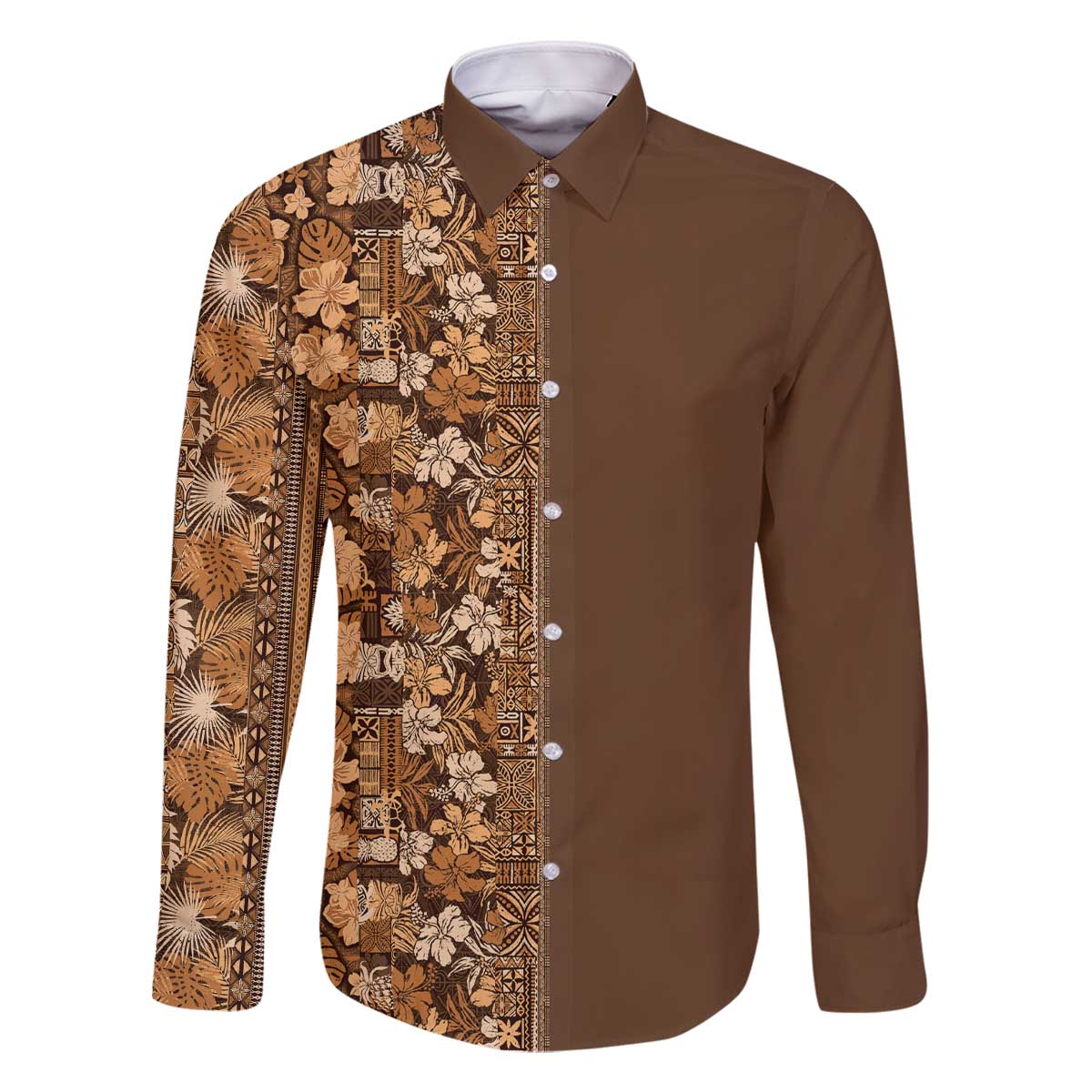 Hawaiian Tribal Elements Hibiscus Family Matching Off The Shoulder Long Sleeve Dress and Hawaiian Shirt Gold Pattern LT9 Dad's Shirt - Long Sleeve Gold - Polynesian Pride
