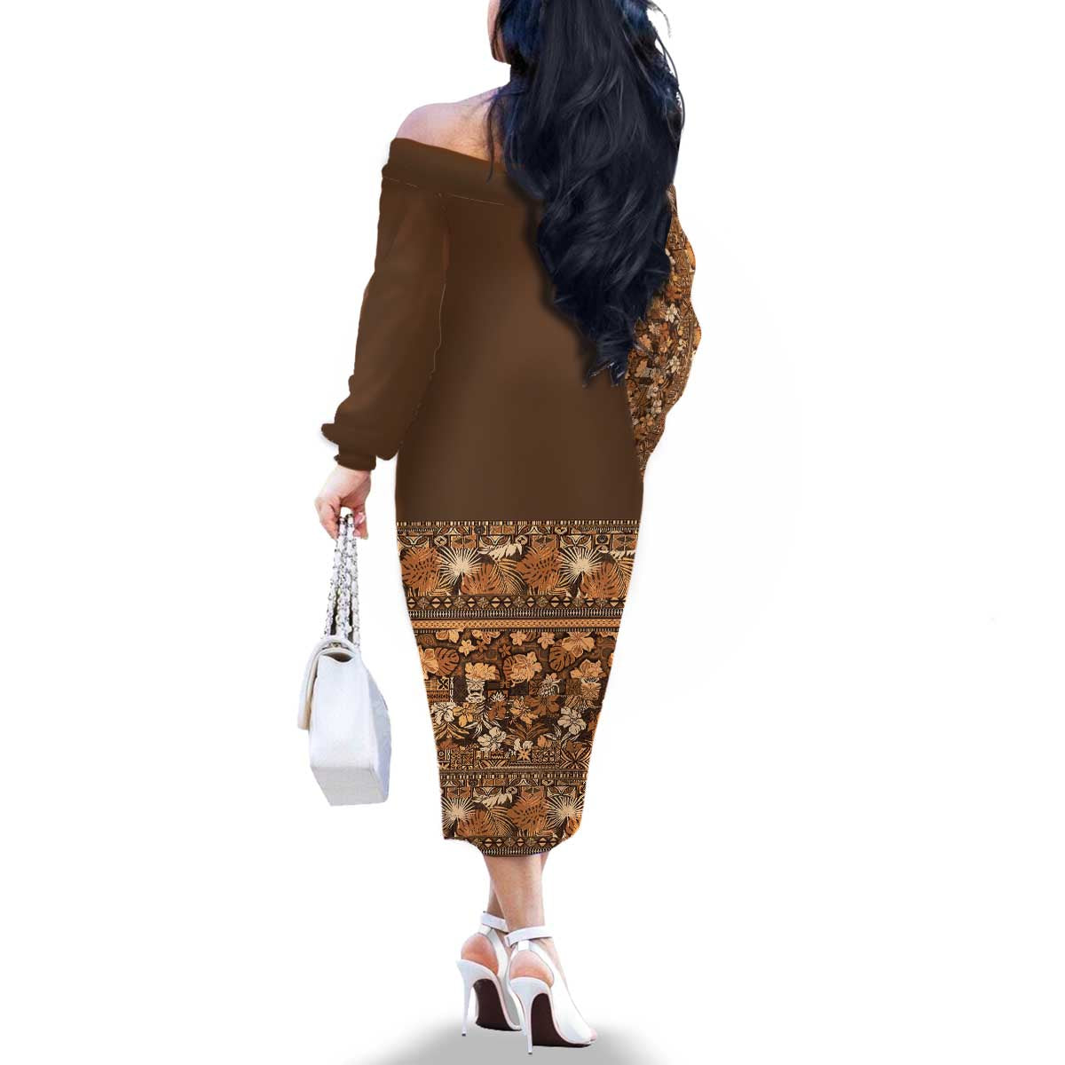 Hawaiian Tribal Elements Hibiscus Family Matching Off The Shoulder Long Sleeve Dress and Hawaiian Shirt Gold Pattern LT9 - Polynesian Pride