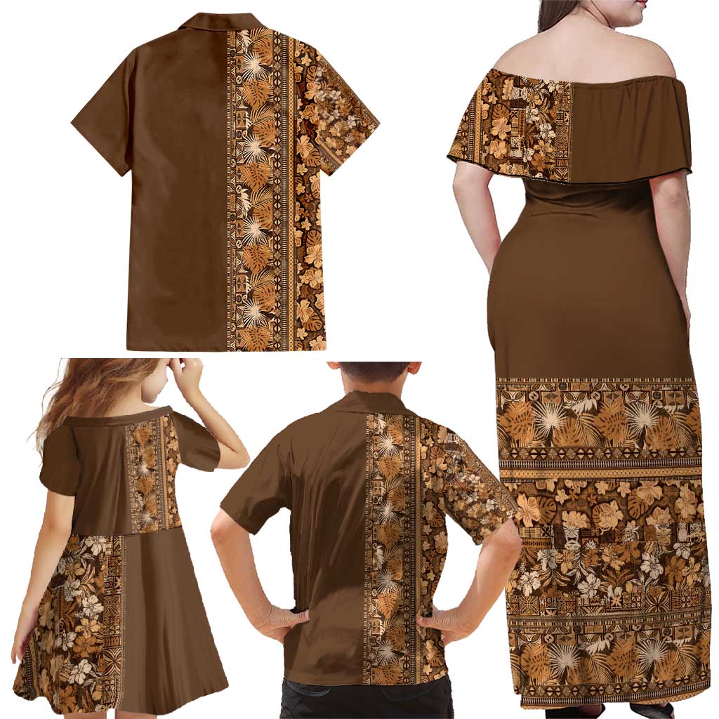 Hawaiian Tribal Elements Hibiscus Family Matching Off Shoulder Maxi Dress and Hawaiian Shirt Gold Pattern LT9 - Polynesian Pride