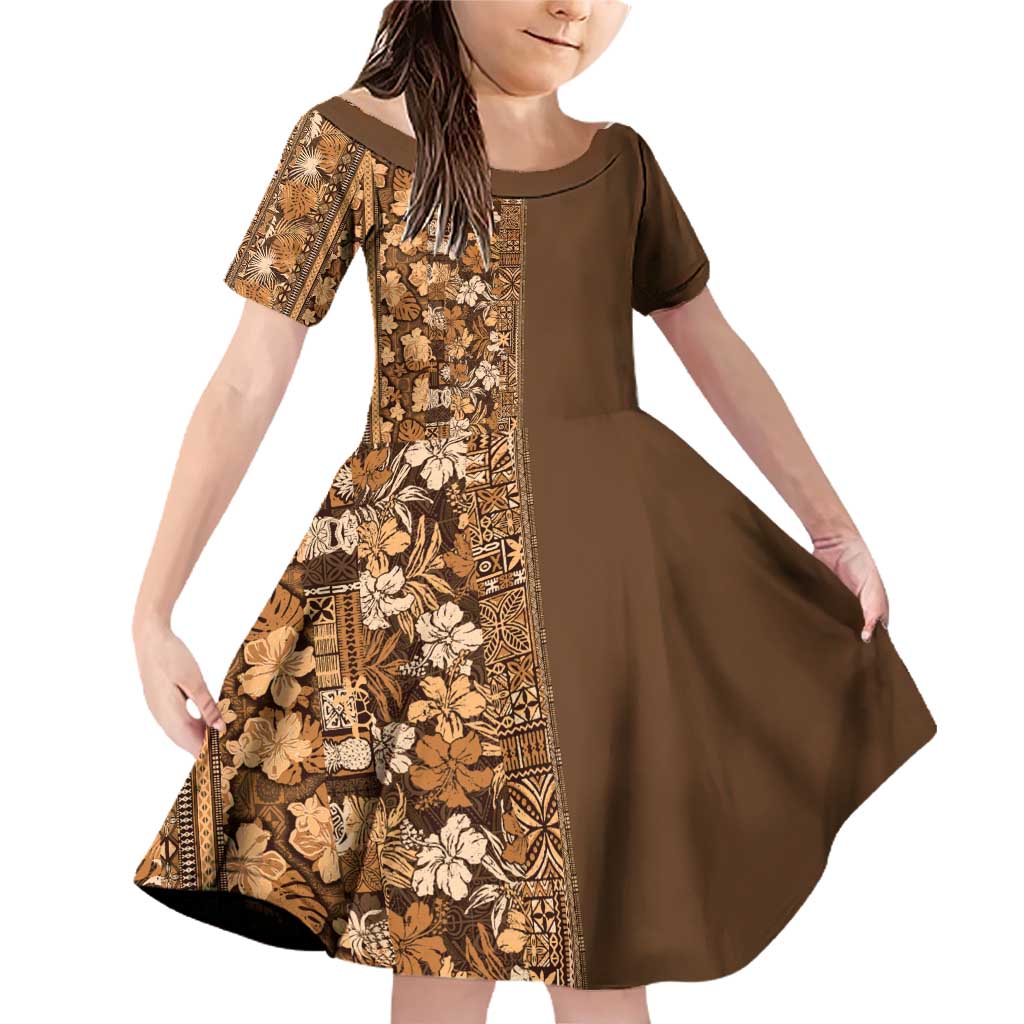 Hawaiian Tribal Elements Hibiscus Family Matching Off Shoulder Short Dress and Hawaiian Shirt Gold Pattern LT9 Daughter's Dress Gold - Polynesian Pride