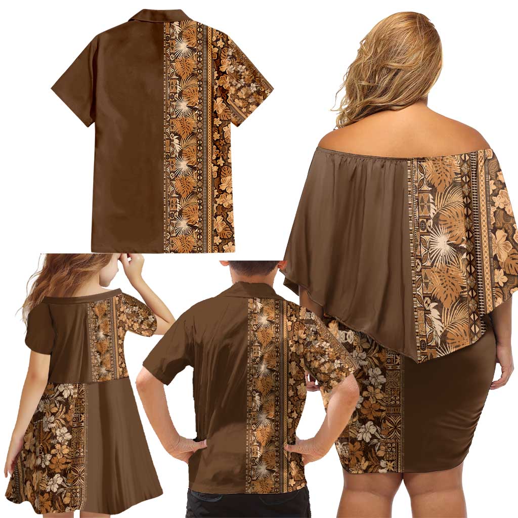 Hawaiian Tribal Elements Hibiscus Family Matching Off Shoulder Short Dress and Hawaiian Shirt Gold Pattern LT9 - Polynesian Pride