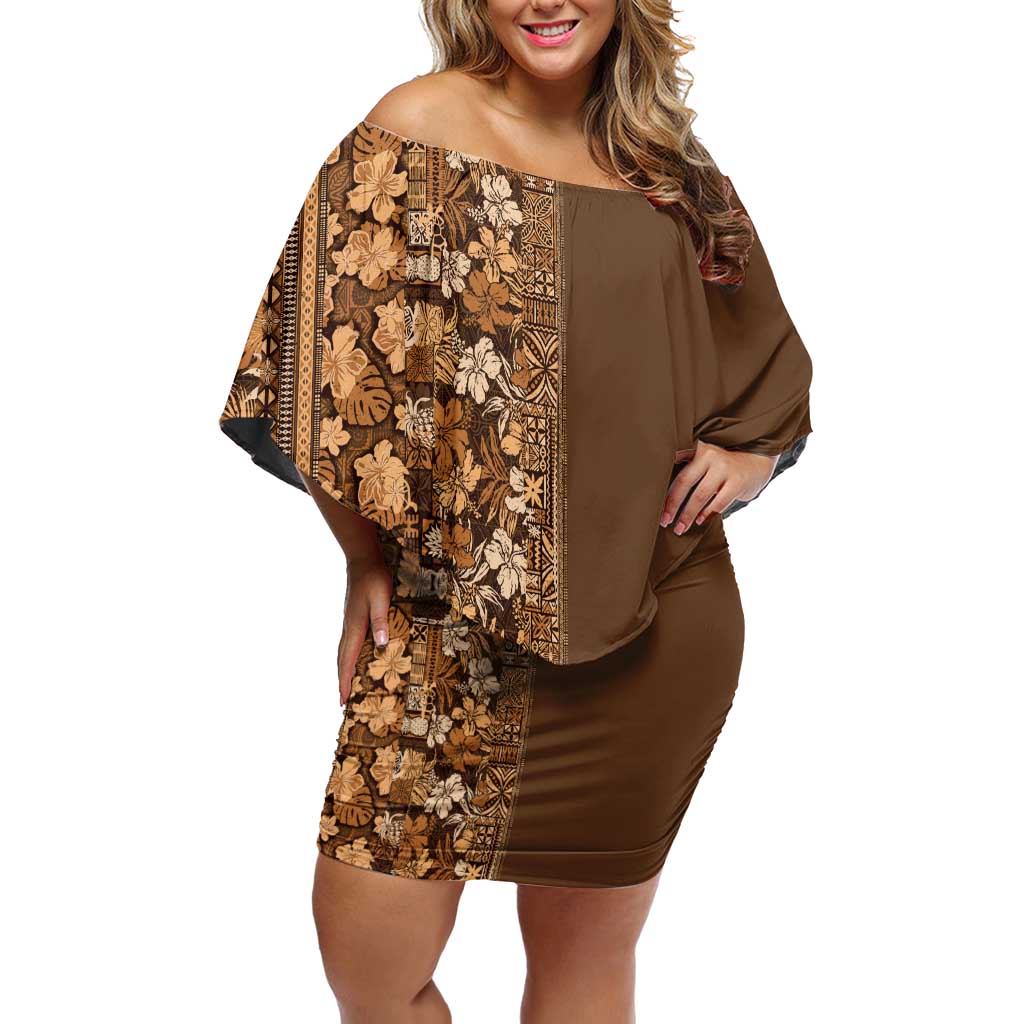Hawaiian Tribal Elements Hibiscus Family Matching Off Shoulder Short Dress and Hawaiian Shirt Gold Pattern LT9 Mom's Dress Gold - Polynesian Pride