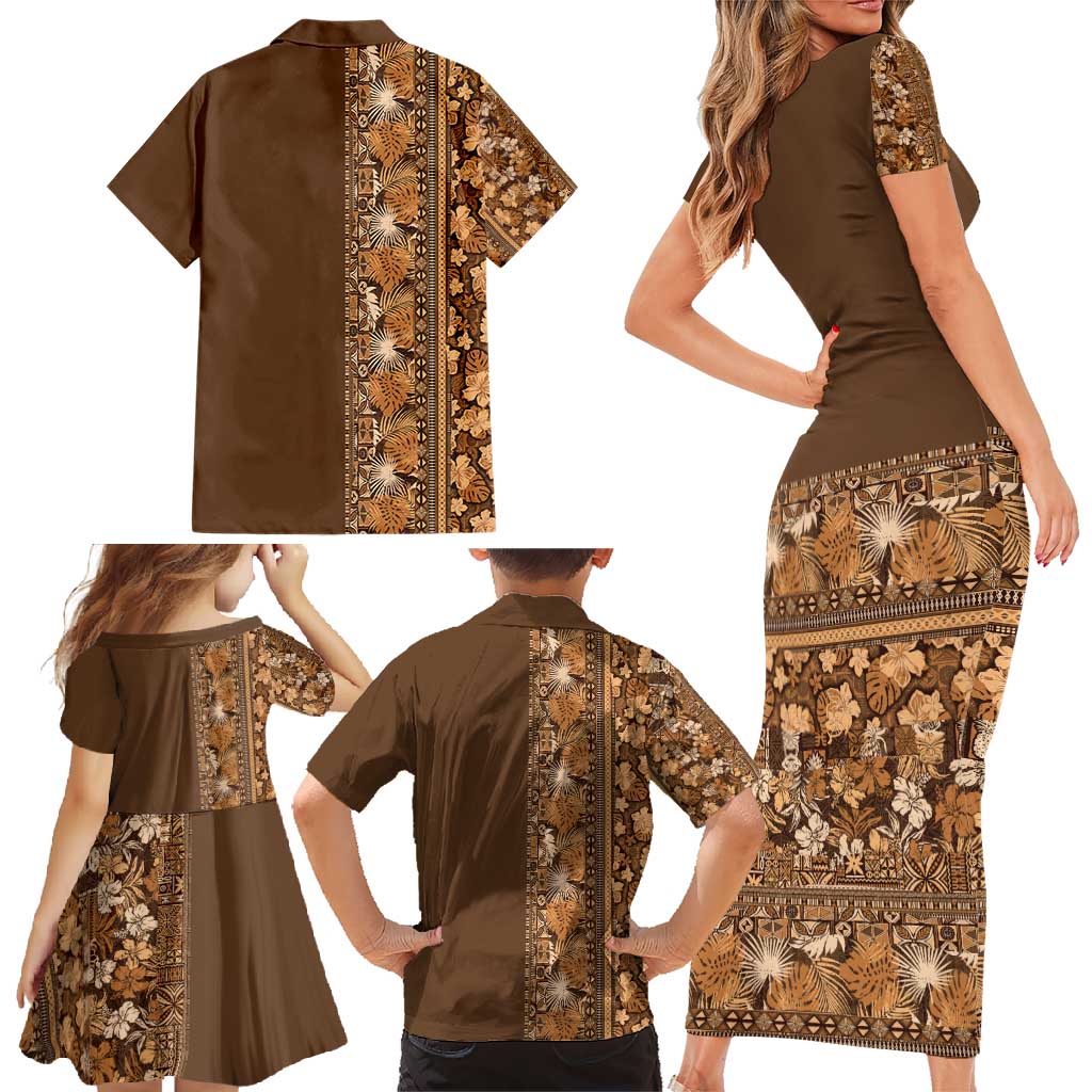 Hawaiian Tribal Elements Hibiscus Family Matching Short Sleeve Bodycon Dress and Hawaiian Shirt Gold Pattern LT9 - Polynesian Pride