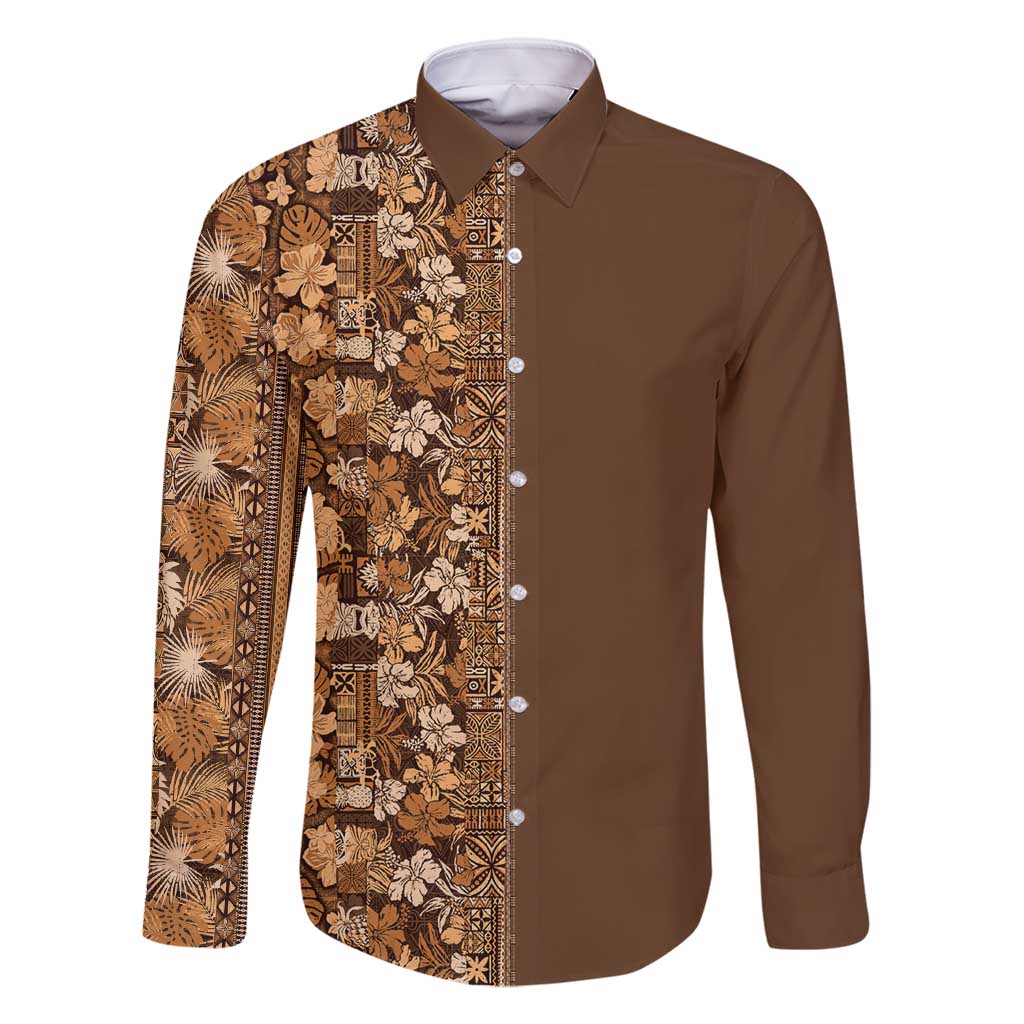 Hawaiian Tribal Elements Hibiscus Family Matching Summer Maxi Dress and Hawaiian Shirt Gold Pattern LT9 Dad's Shirt - Long Sleeve Gold - Polynesian Pride