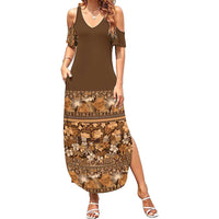 Hawaiian Tribal Elements Hibiscus Family Matching Summer Maxi Dress and Hawaiian Shirt Gold Pattern LT9 Mom's Dress Gold - Polynesian Pride