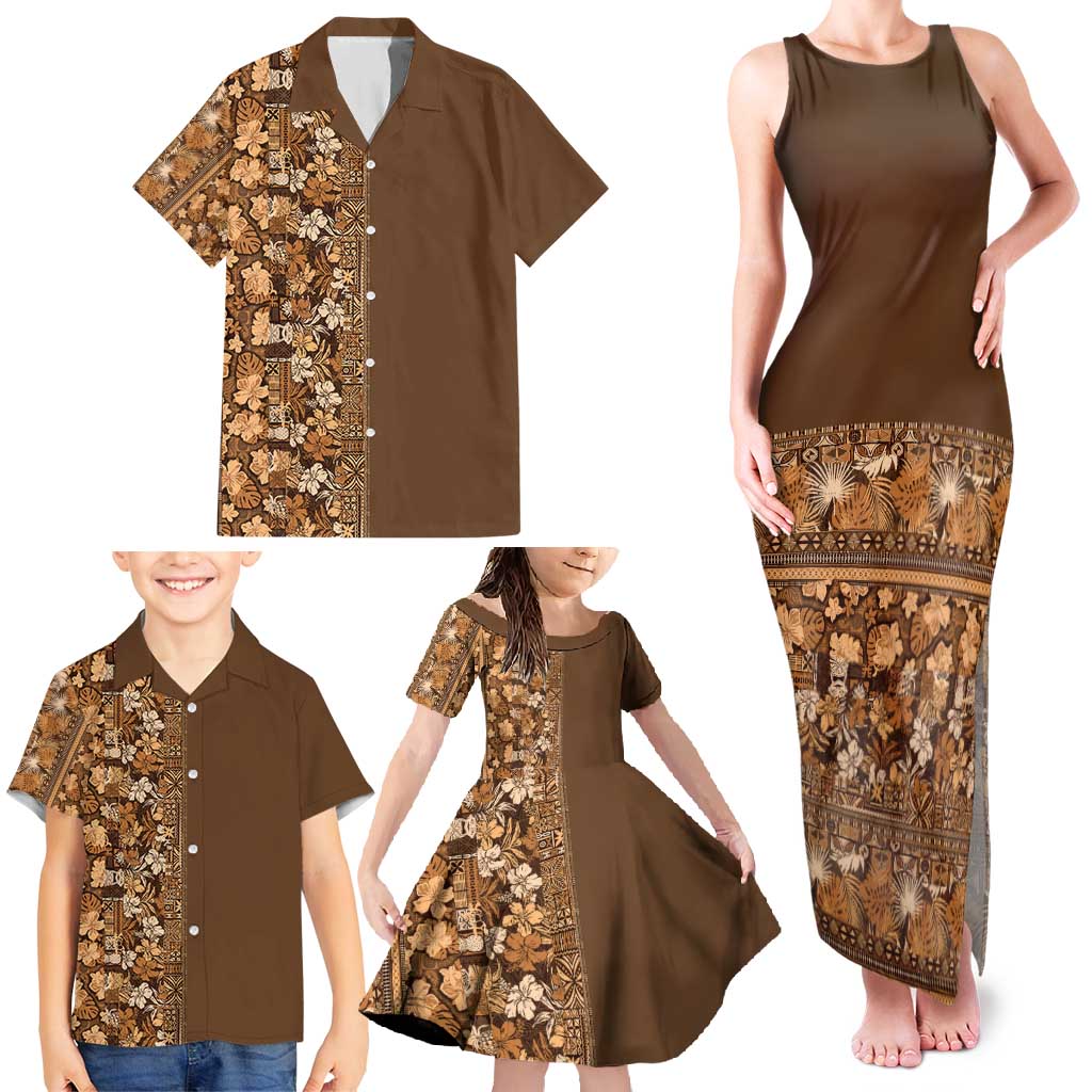 Hawaiian Tribal Elements Hibiscus Family Matching Tank Maxi Dress and Hawaiian Shirt Gold Pattern LT9 - Polynesian Pride