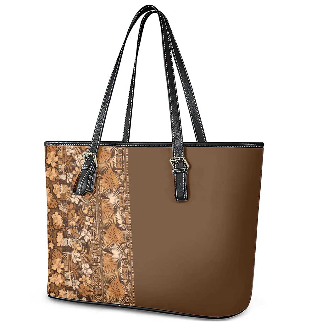 Hawaiian Tribal Elements Hibiscus Leather Tote Bag Gold Pattern - Polynesian Pride