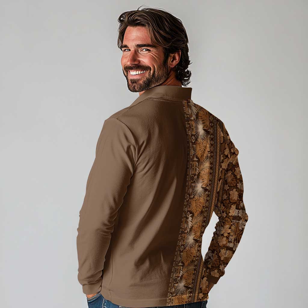 Hawaiian Tribal Elements Hibiscus Long Sleeve Polo Shirt Gold Pattern - Polynesian Pride