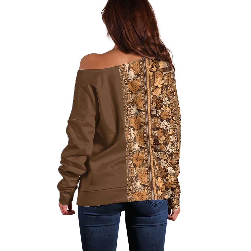 Hawaiian Tribal Elements Hibiscus Off Shoulder Sweater Gold Pattern - Polynesian Pride