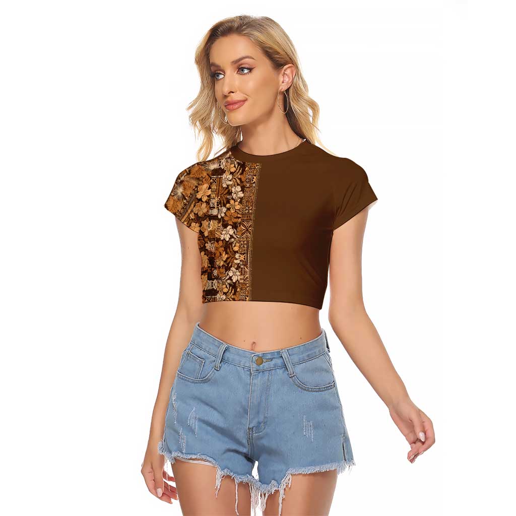 Hawaiian Tribal Elements Hibiscus Raglan Cropped T Shirt Gold Pattern - Polynesian Pride