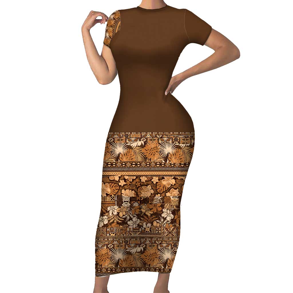 Hawaiian Tribal Elements Hibiscus Short Sleeve Bodycon Dress Gold Pattern LT9 Long Dress Gold - Polynesian Pride