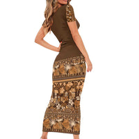 Hawaiian Tribal Elements Hibiscus Short Sleeve Bodycon Dress Gold Pattern LT9 - Polynesian Pride