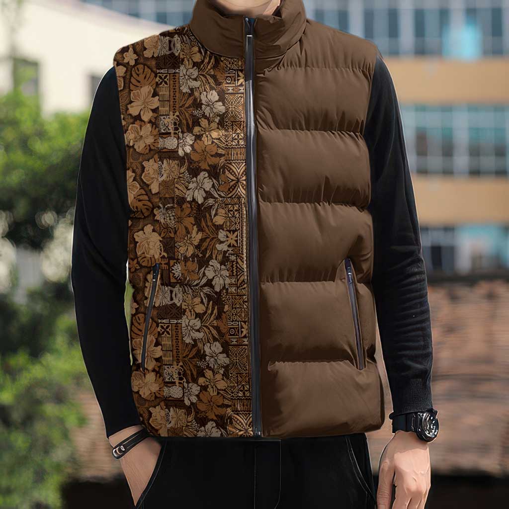 Hawaiian Tribal Elements Hibiscus Sleeveless Puffer Jacket Gold Pattern - Polynesian Pride